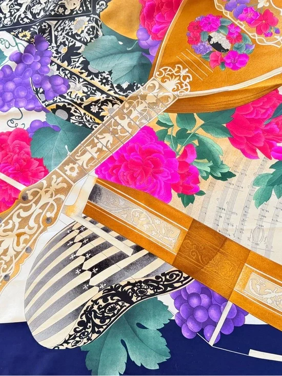 LEONARD Paris 100% Silk Scarf Baroque Arrangement Stringed Instrument Peony Navy - Picture 11 of 16